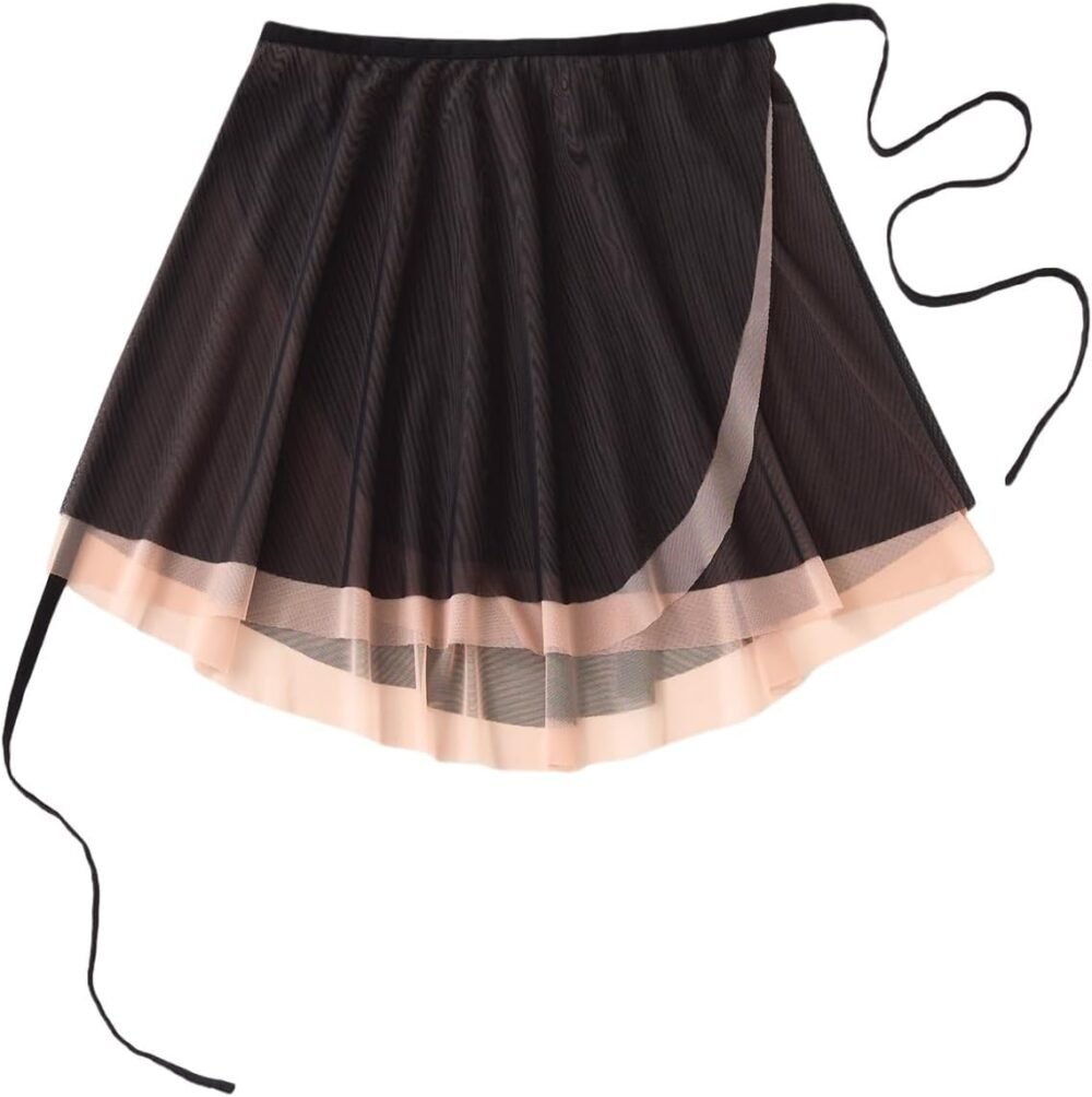 Ballet tutu, double-layered two-tone mesh, one-piece tie-waist design, elastic waistband