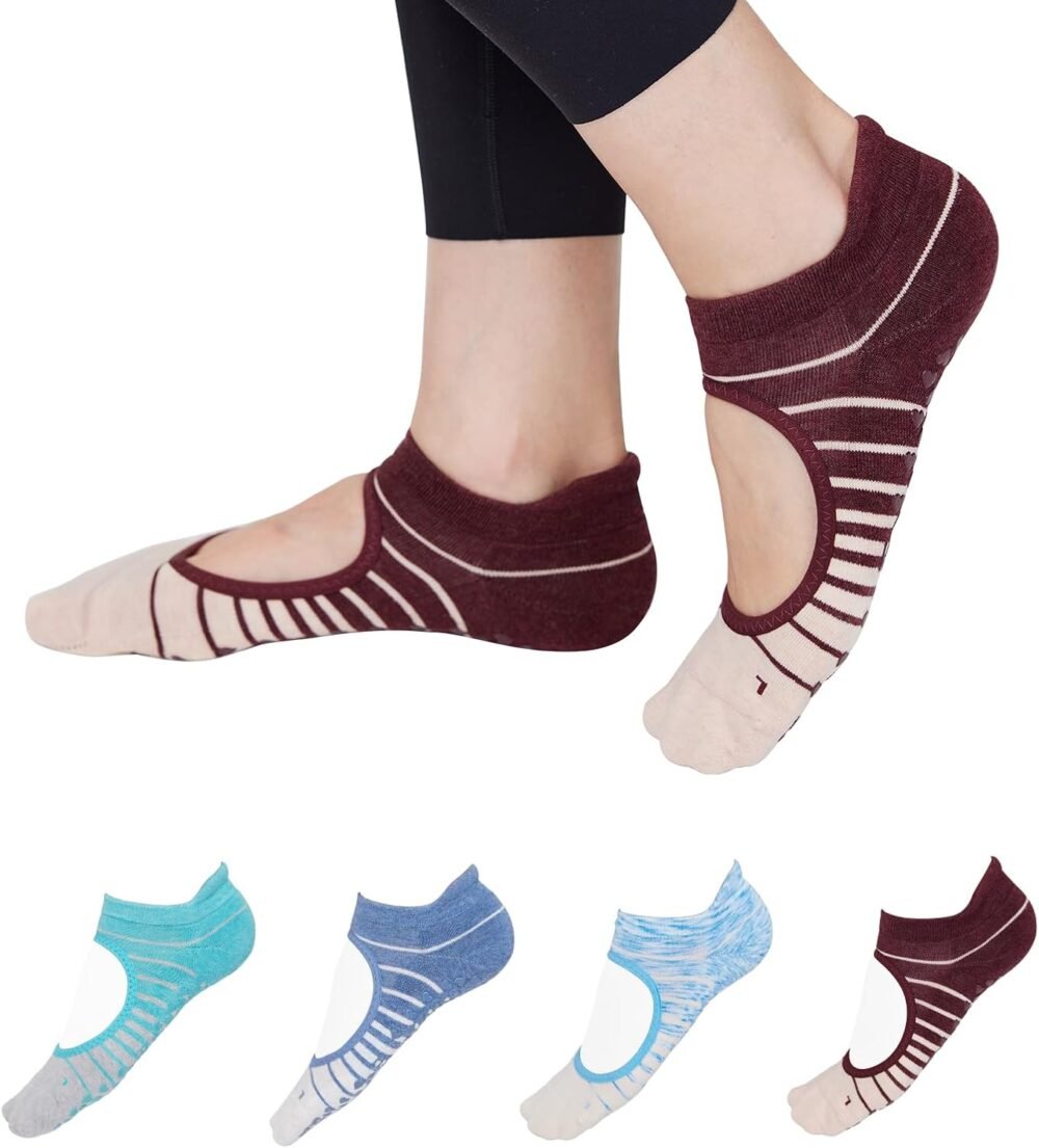 Women's Anti-slip Yoga Socks, 4-Pair Pack, Elastic Anti-slip Socks, Suitable for Pilates, Ballet Bars, Dance, and Indoor Fitness