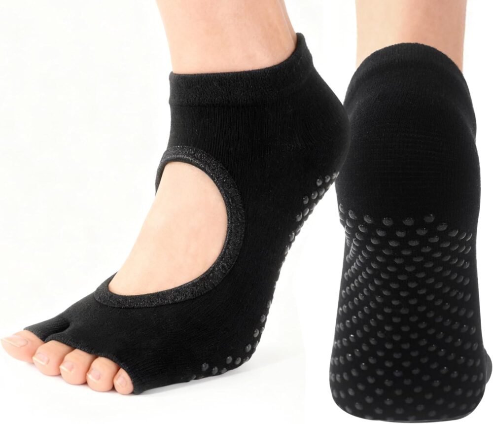 Half-Pair Women's Toeless Pilates Socks with anti-slip texture; yoga ballet bar dance socks, suitable for barefoot exercise.