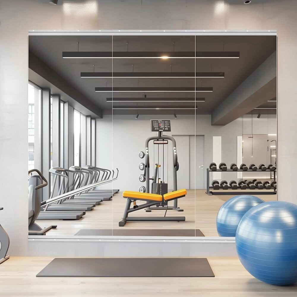 3-panel tempered glass home gym mirror, 48 x 48-inch per panel 24-inch Full-Length Wall-Mounted Frameless Mirror for Gyms, Yoga Studios, and Dance Studios