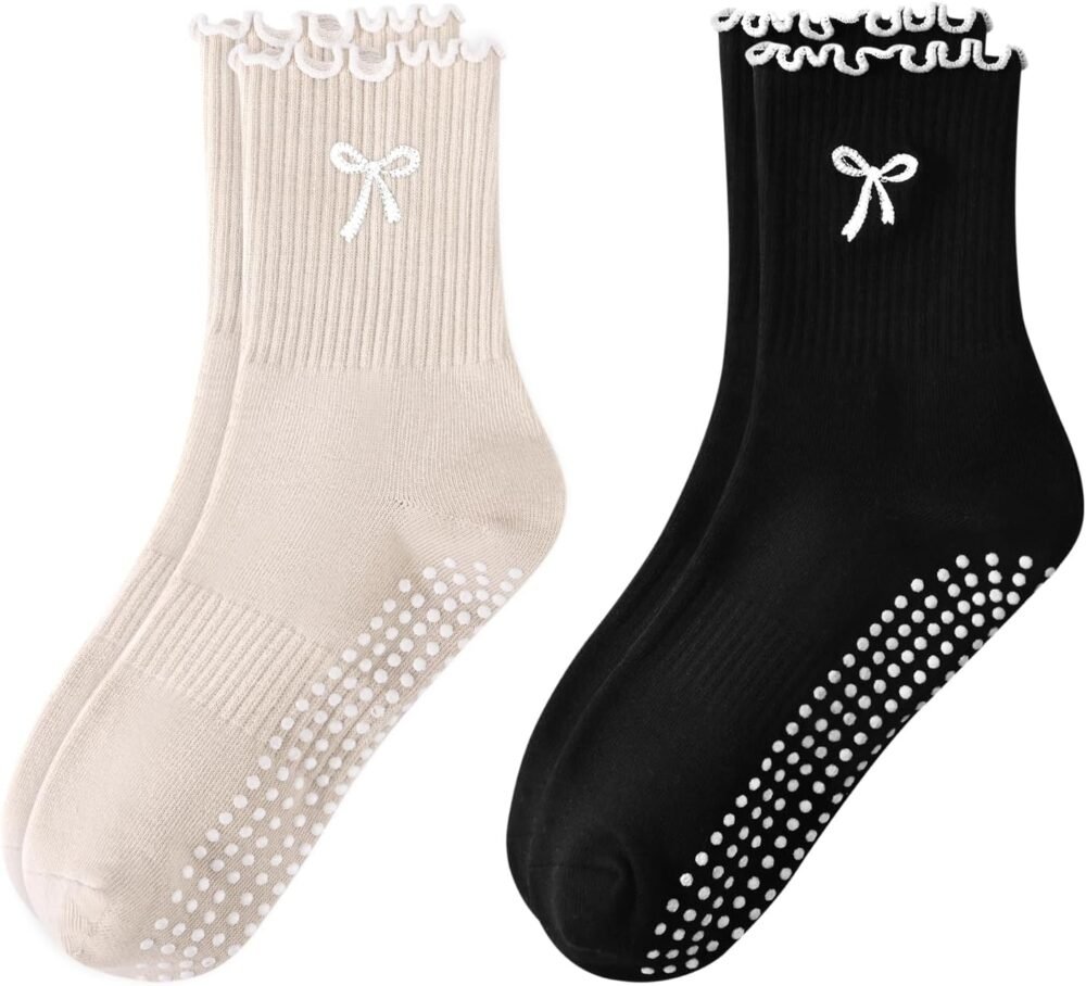 Women's Pilates and Yoga Anti-slip Socks, Bow-tie Ruffled Boat Socks, Suitable for Fitness, Ballet Bar Practice, and Dance