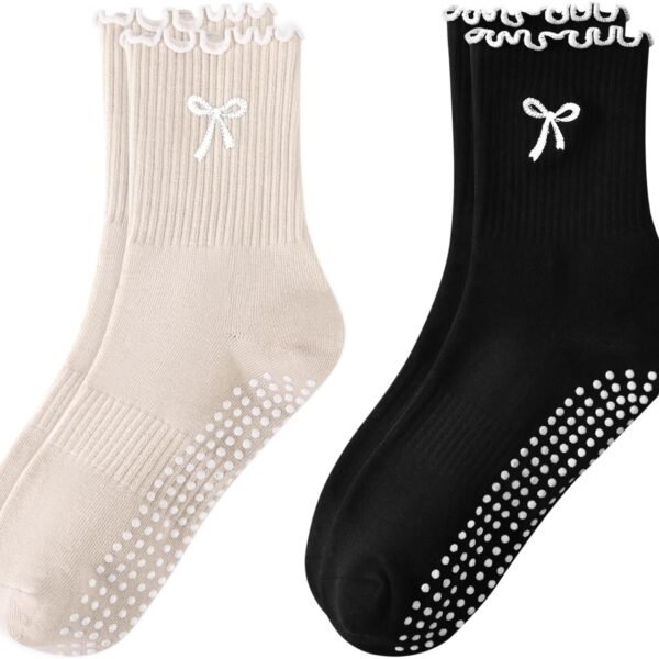 Women's Pilates and Yoga Anti-slip Socks, Bow-tie Ruffled Boat Socks, Suitable for Fitness, Ballet Bar Practice, and Dance