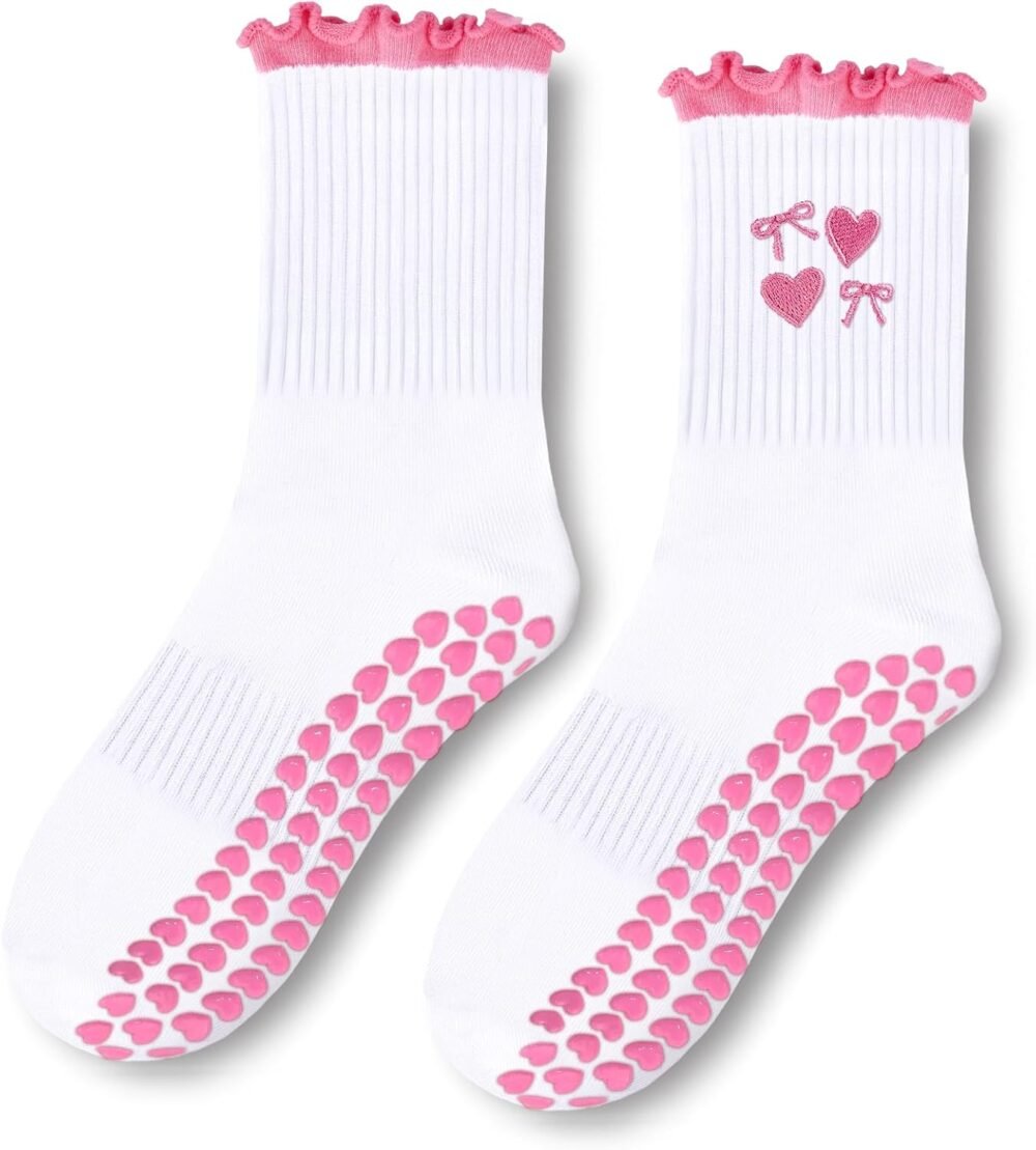 Women's Pilates socks, cute embroidered pattern yoga non-slip socks, soft cotton mid-calf non-slip socks, suitable for ballet bar training