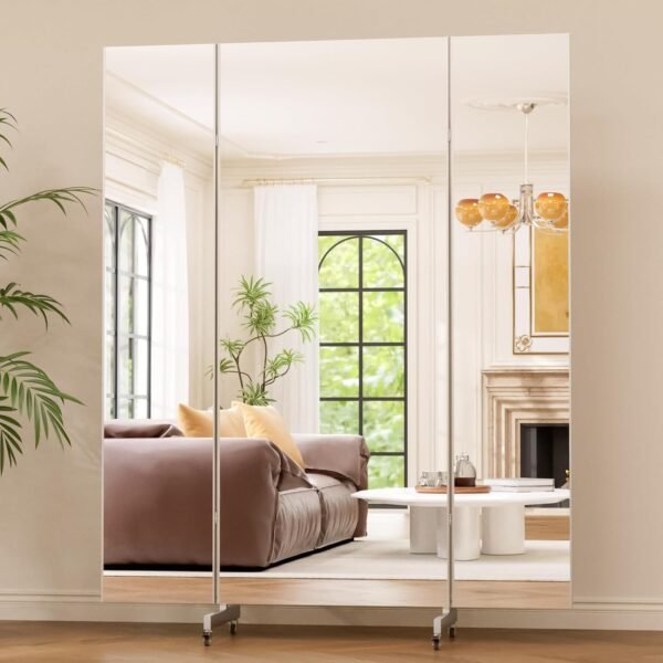 67-inch x 55-inch folding mirror, with wheels, three-panel full-length wall-mounted mirror, space-saving design, shatterproof nanomaterials, portable floor mirror, suitable for gyms, dance studios, homes, and commercial uses, silver