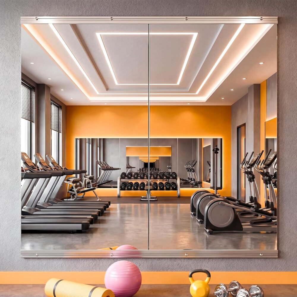 Home gym mirror, 48-inch x 24-inch, 2-pack, large full-length wall-mounted mirror, frameless tempered glass full-length mirror, suitable for gyms, yoga studios, dance studios, garages, bedrooms, and bathrooms