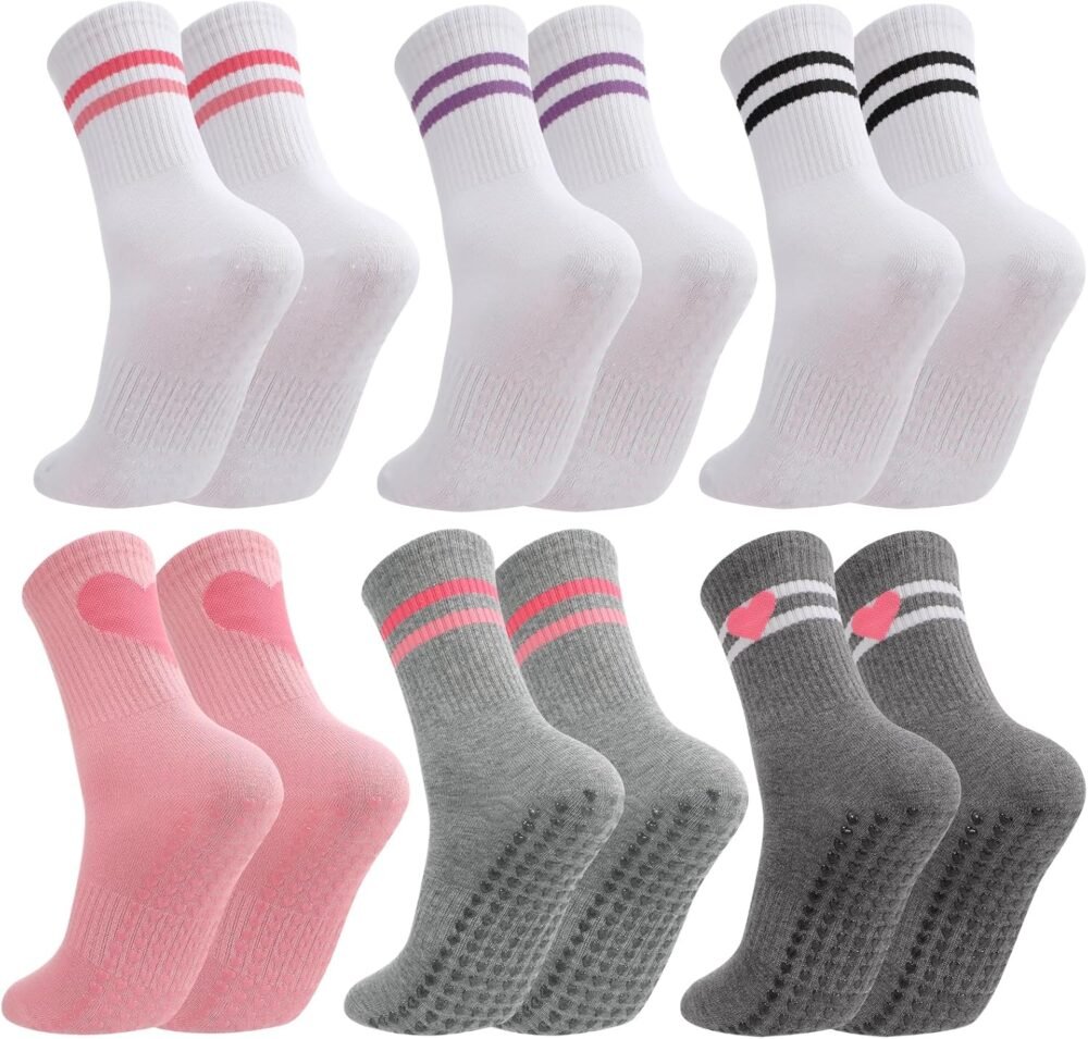 6-pack women's Pilates socks with anti-slip pads, cute striped heart pattern, suitable for dance, sports, and hospital use
