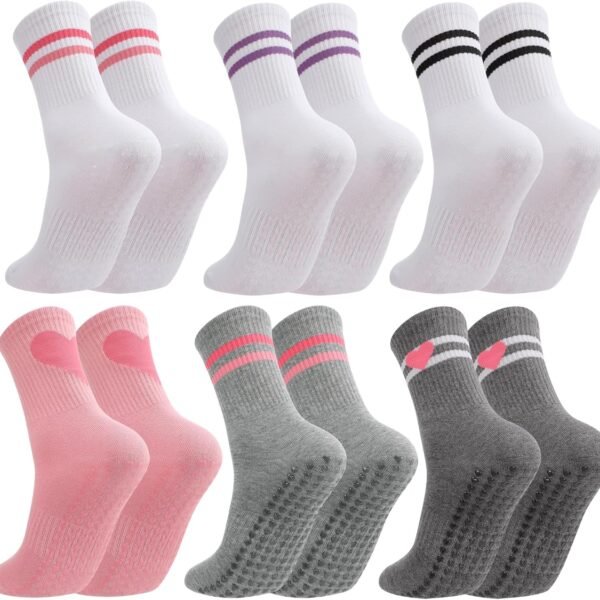 6-pack women's Pilates socks with anti-slip pads, cute striped heart pattern, suitable for dance, sports, and hospital use