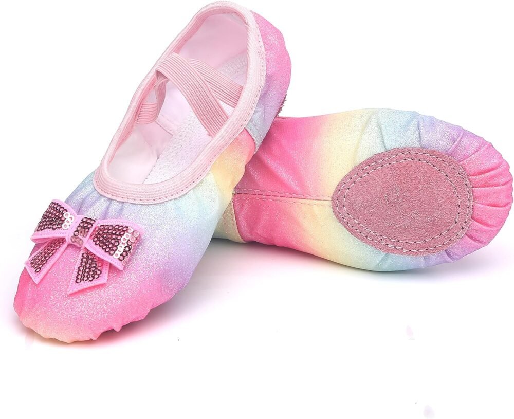 Girls' Ballet Shoes, Glittering Split-Toe Ballet Shoes, Toddler/Children's Practice Shoes, Flat, Soft, Lightweight, Elastic Laces, Suitable for Performance, Gymnastics, Yoga