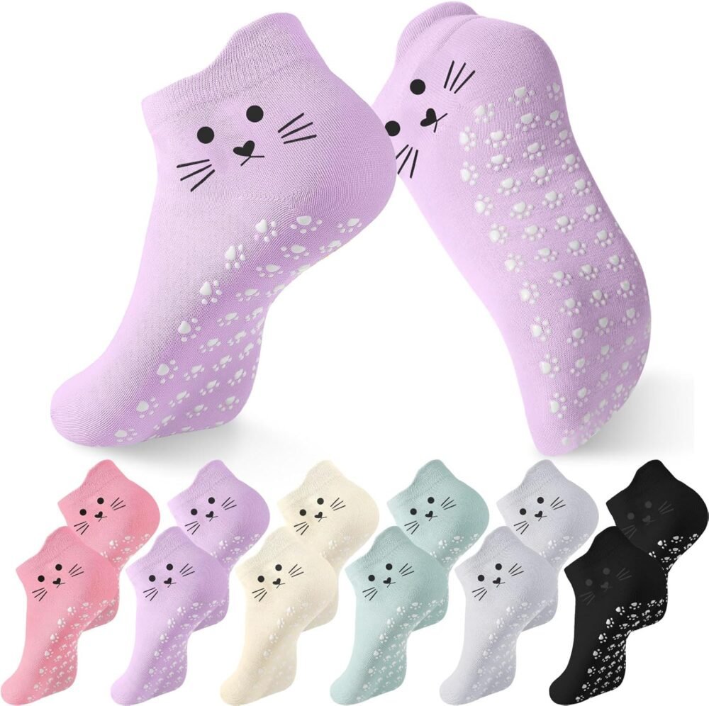 6-Pair Pack Anti-slip Cat Socks, Women's Cute Cat Yoga Socks, Anti-slip Ankle Socks, Valentine's Day Holiday gifts, suitable for Pilates and dance