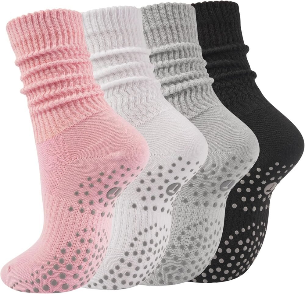 Women's Pilates loose mid-calf socks with anti-slip pads, suitable for ballet bars, dance, and hospital workouts