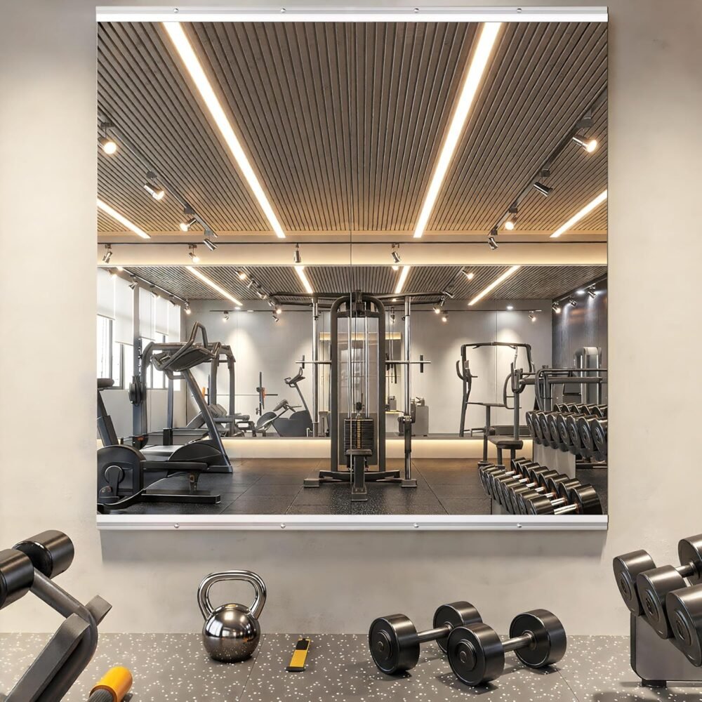 48-inch x 24-inch 2-piece set Dance Mirror, large high-definition frameless tempered glass full-length wall-mounted mirror, suitable for home gyms, yoga studios, dance studios, fitness venues, silver clamp-on rail